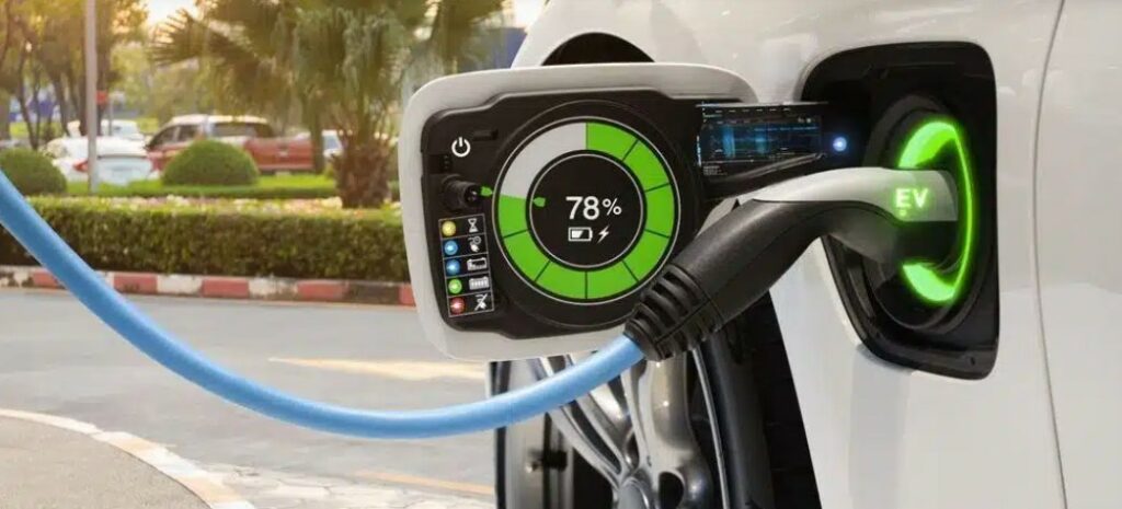 Photo de la prise de recharge d'une voiture électrique indiquant la taux de charge